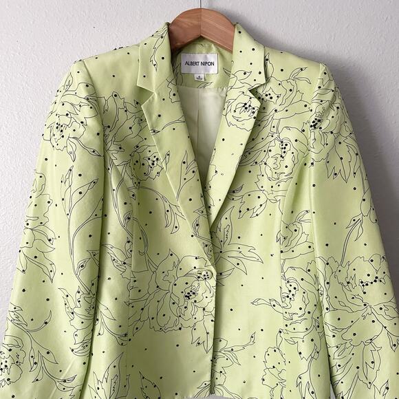 Vintage Albert Nipon Silk Pastel Green Black Sequin Floral Blazer Women's Size 8 - Picture 2 of 11